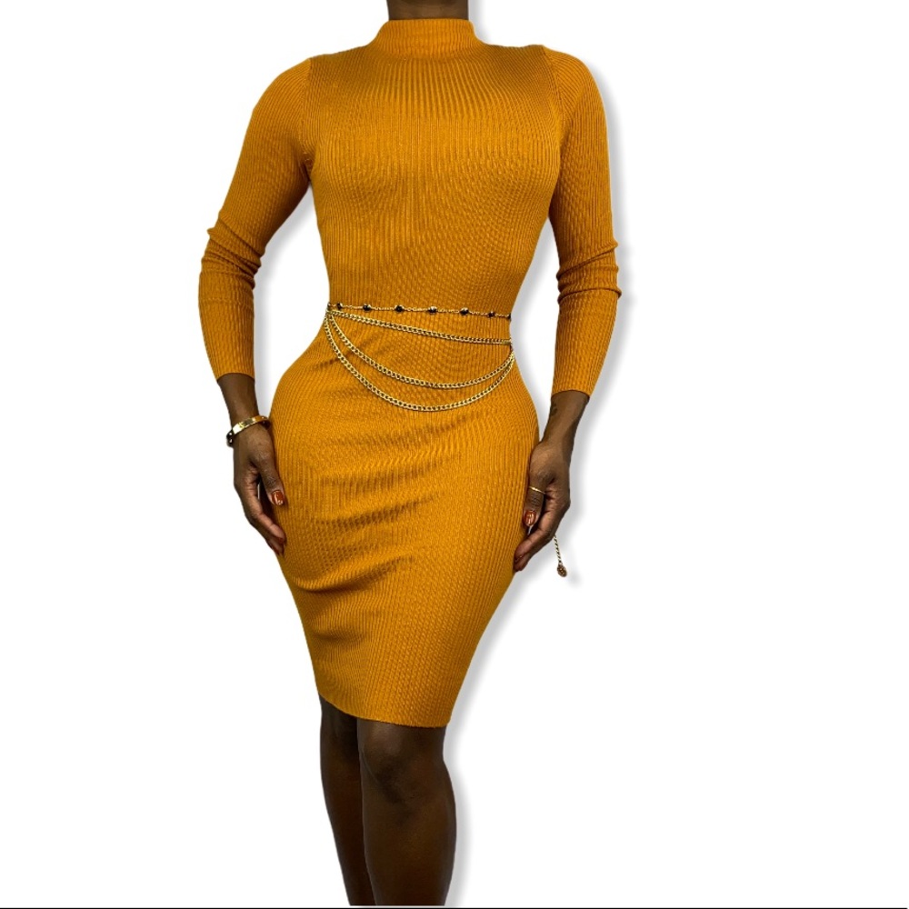 Mustard Tan long sleeve ribbed dress